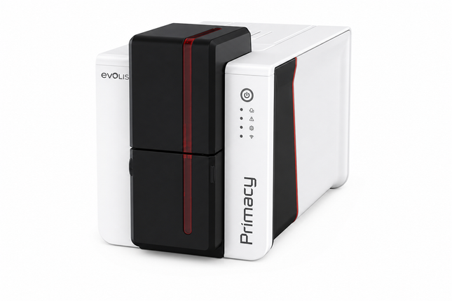Evolis Primacy 2 desktop ID card printer with sleek white and black design for card printing