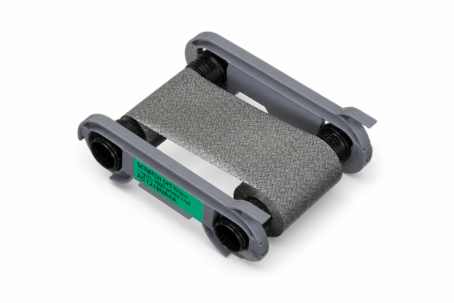 Evolis scratch-off ribbon cartridge for ID card printer, gray pattern, on white background