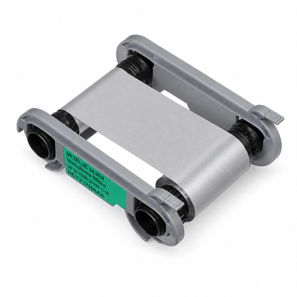 Metallic silver printer ribbon for ID card printers, shown on white background