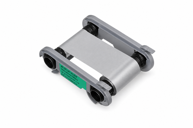 Metallic silver printer ribbon for ID card printers, shown on white background