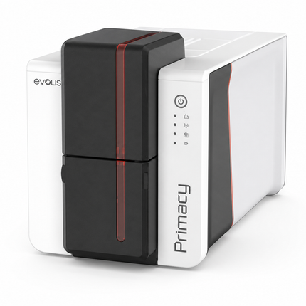 Evolis Primacy 2 desktop ID card printer with sleek white and black design for card printing