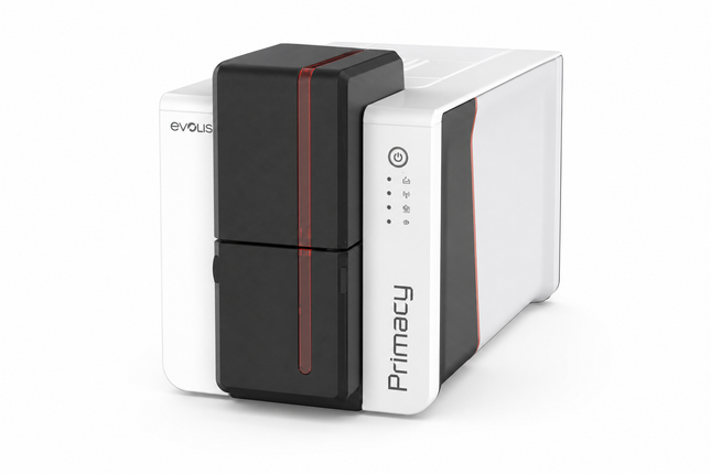 Evolis Primacy 2 desktop ID card printer with sleek white and black design for card printing