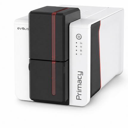 Evolis Primacy 2 desktop ID card printer with sleek white and black design for card printing
