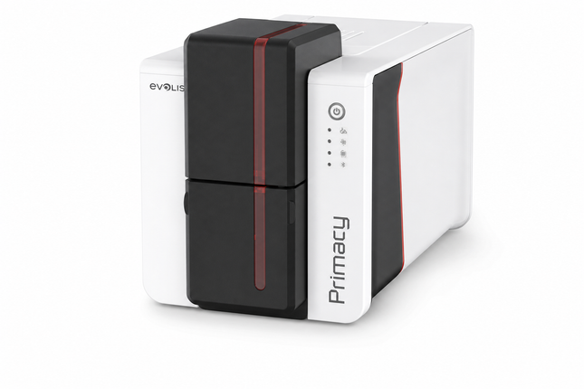Evolis Primacy 2 desktop ID card printer with sleek white and black design for card printing