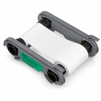 White printer ribbon cartridge for ID card printers, isolated on white background.
