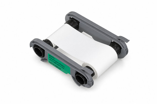 White printer ribbon cartridge for ID card printers, isolated on white background.