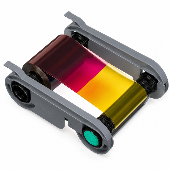 YMCKO color ribbon cartridge for ID card printers with visible yellow, magenta, and black panels
