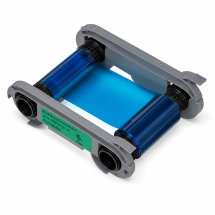 Blue printer ribbon cartridge for ID card printer, shown on white background.