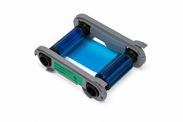 Blue printer ribbon cartridge for ID card printer, shown on white background.