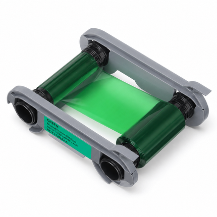 Green printer ribbon cartridge for Evolis ID card printer, isolated on white background
