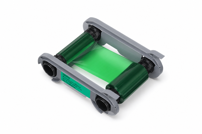Green printer ribbon cartridge for Evolis ID card printer, isolated on white background