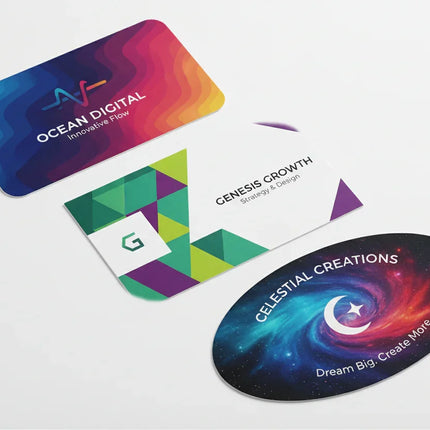 Three custom die-cut business cards in rectangular, rounded, and oval shapes on white background