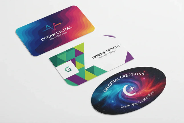 Three custom die-cut business cards in rectangular, rounded, and oval shapes on white background