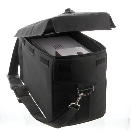 Black carrying case with a shoulder strap, open to show a printer inside