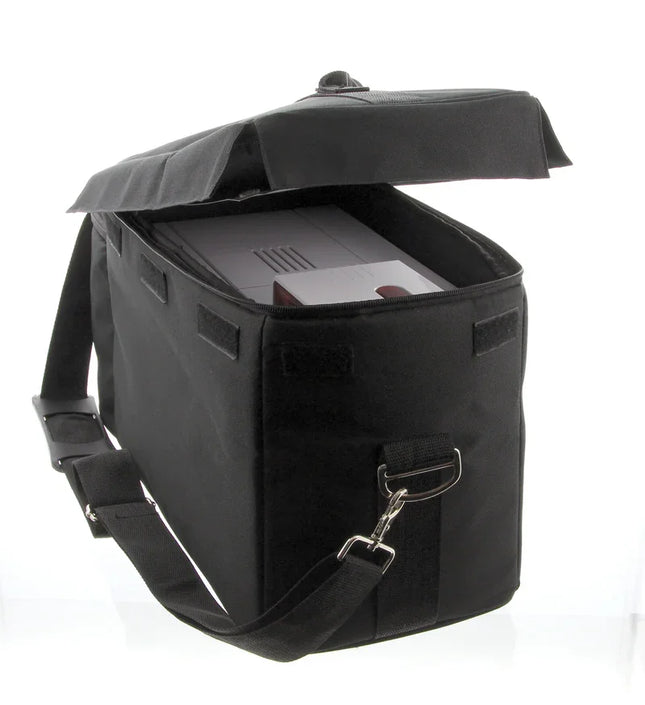 Black carrying case with a shoulder strap, open to show a printer inside