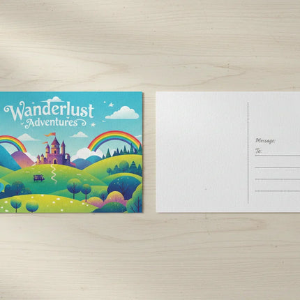 Two 4x6 color postcards on cardstock, one with a vibrant landscape design, the other blank back.