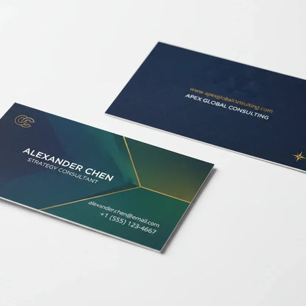 Two silk laminated business cards on white background, front and back, full color print.
