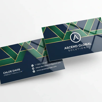 Two color business cards with high gloss UV coating, front and back design on white background