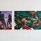 [AI] Two color posters, one small cityscape and one larger abstract art, on a white wall.