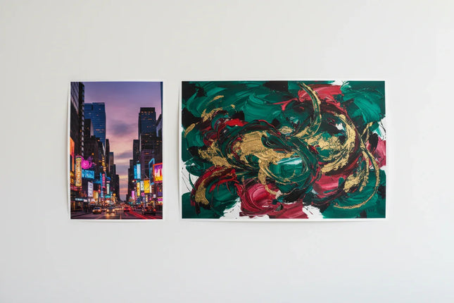 [AI] Two color posters, one small cityscape and one larger abstract art, on a white wall.