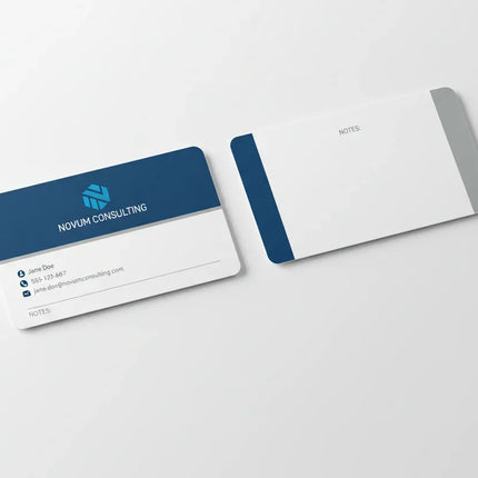 Two rectangular business cards, front and back, with blue accents and ample white space for notes.
