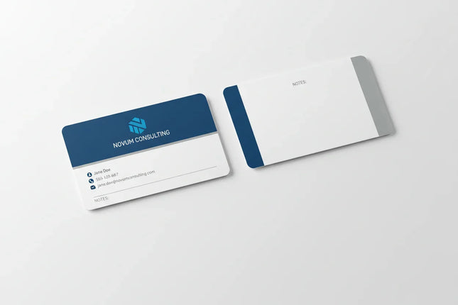 Two rectangular business cards, front and back, with blue accents and ample white space for notes.