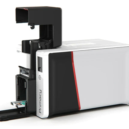 Evolis Primacy ID card printer with open cover and card slot exposed