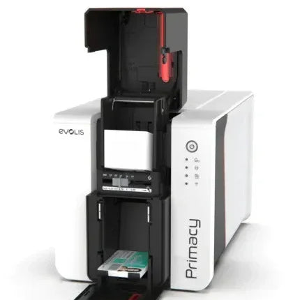 Evolis Primacy card printer with open tray showing card compartment and LED indicators