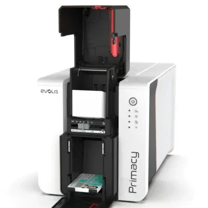 Evolis Primacy card printer with open tray, showing card receptacle and loading area