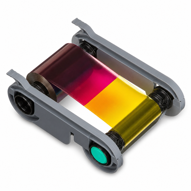 YMCKO color printer ribbon cartridge for ID card printers, multi-color film visible