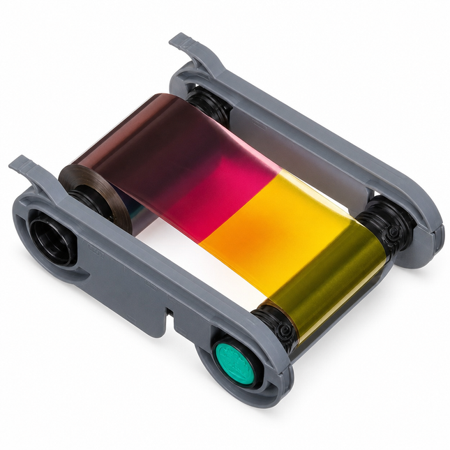 YMCKO color printer ribbon cartridge for ID card printers, showing cyan, magenta, yellow, black, and overlay panels.