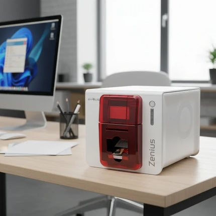 Evolis Zenius ID card printer on a modern office desk beside a desktop computer