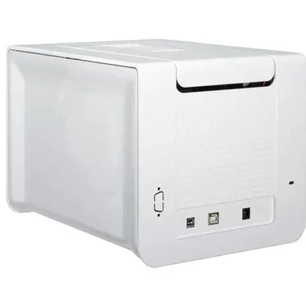 White Evolis card printer with USB ports, shown from the back, for ID card printing