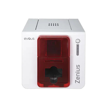 Front view of Evolis Zenius card printer with red panel, used for ID card printing