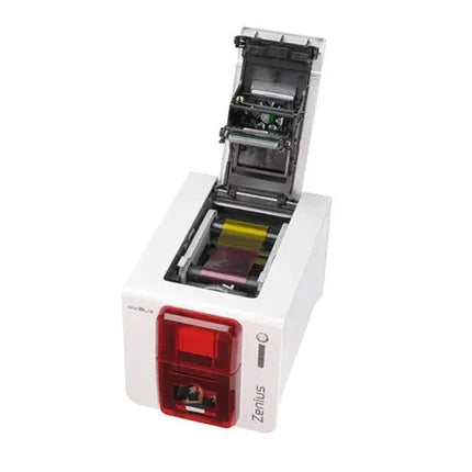 Evolis Zenius ID card printer with open lid showing internal components and color ribbon